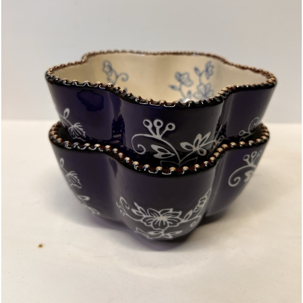 Temptations Floral Lace 2pc Bowl Set 5" Blue Cream Brown Ceramic Cottage Core